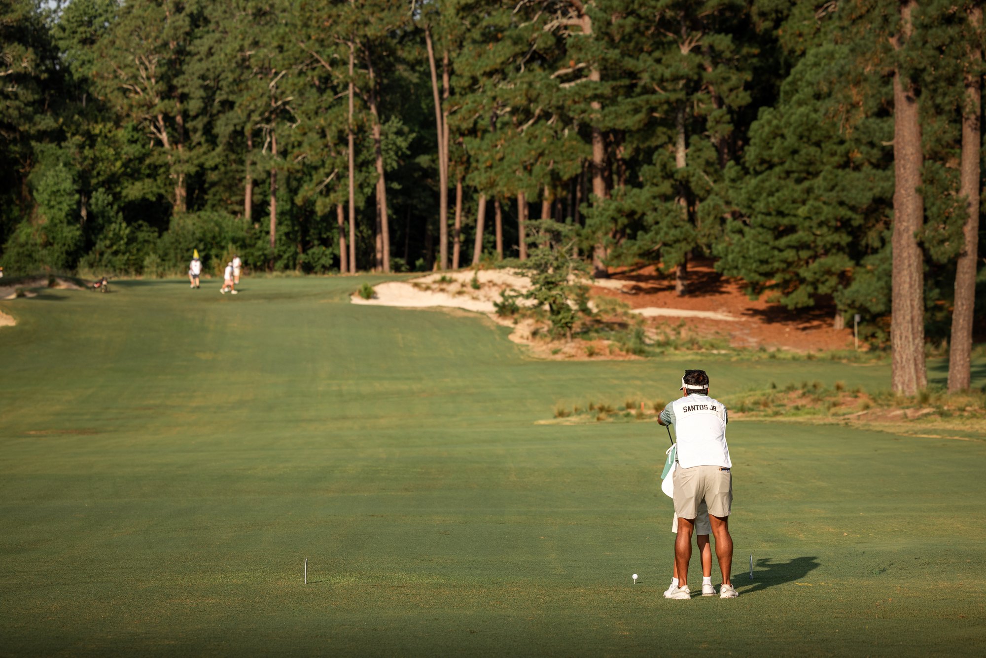 Player and caddie standing over a ball on a wide fairway, pines and sandy scrub behind